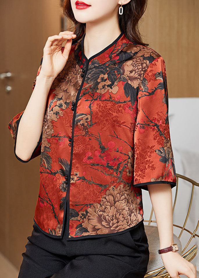 White Text Mandarin Collar Print Silk Shirt Tops Half Sleeve