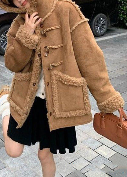 Brown Hooded Pockets Fleece Wool Lined Coat Spring