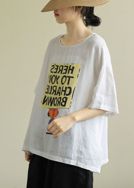 Style White Loose O-neck Print Fall T-shirt Half Sleeve