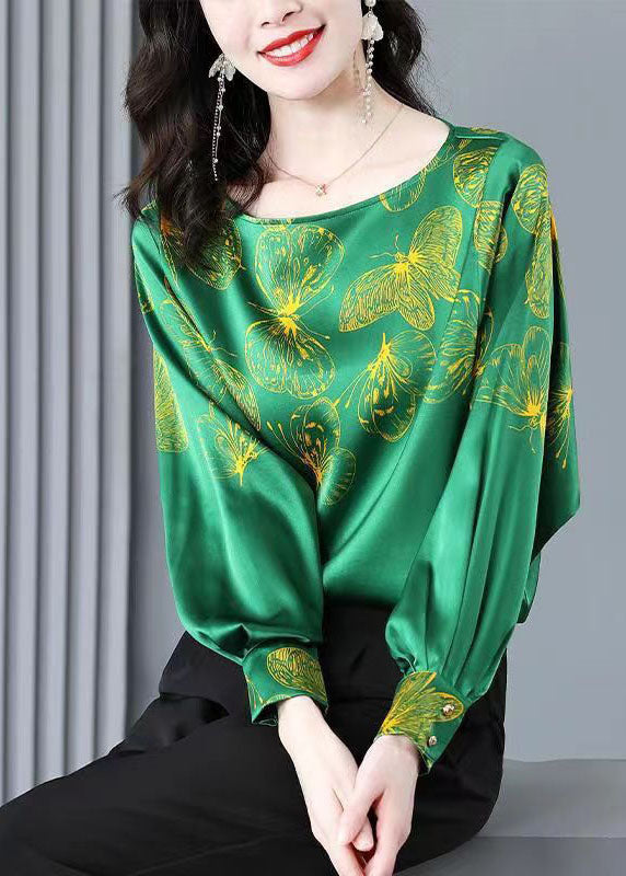 Green O-neck Butterfly Print Silk Blouse Tops Long Sleeve