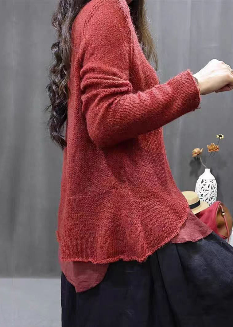 Simple Grey Asymmetrical Patchwork Cotton Knit Tops Long Sleeve Fall