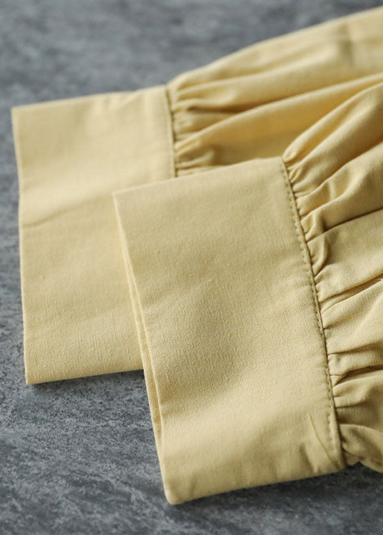 Diy Yellow Peter Pan Collar Asymmetrical Wrinkled Cat Applique Cotton Shirt Long Sleeve