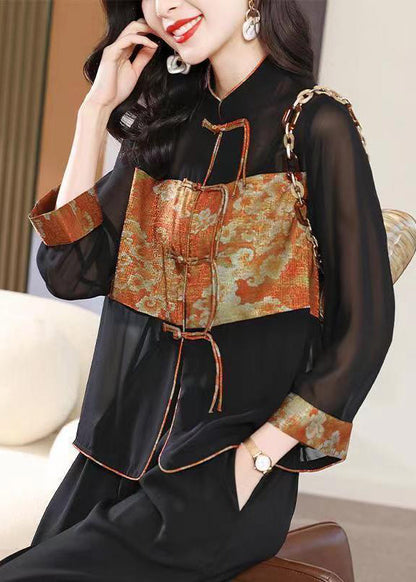 Black Stand Collar Tasseled Patchwork Chiffon Shirt Top Fall