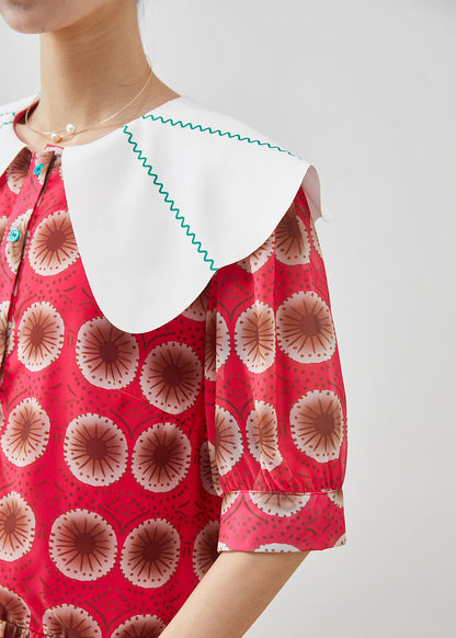 Red Peter Pan Collar Print Chiffon Long Dress Summer