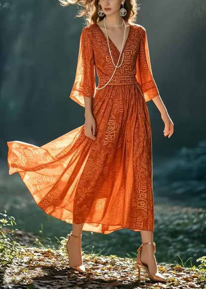 Italian Orange Print Chiffon Holiday Dresses Bracelet Sleeve Summer