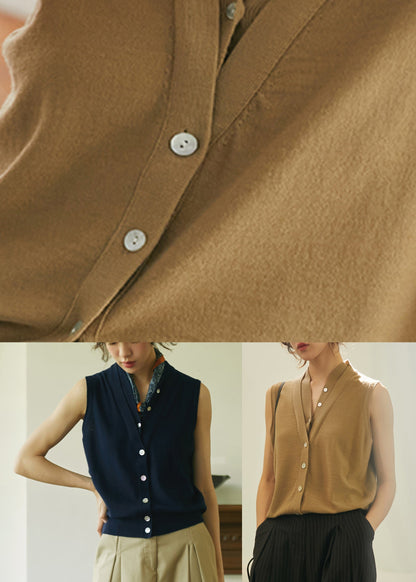 Art Khaki V Neck Thin Knit Woolen Top Summer