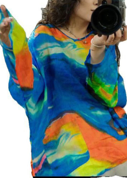 Blue O-neck Print Cotton T Shirt Long Sleeve
