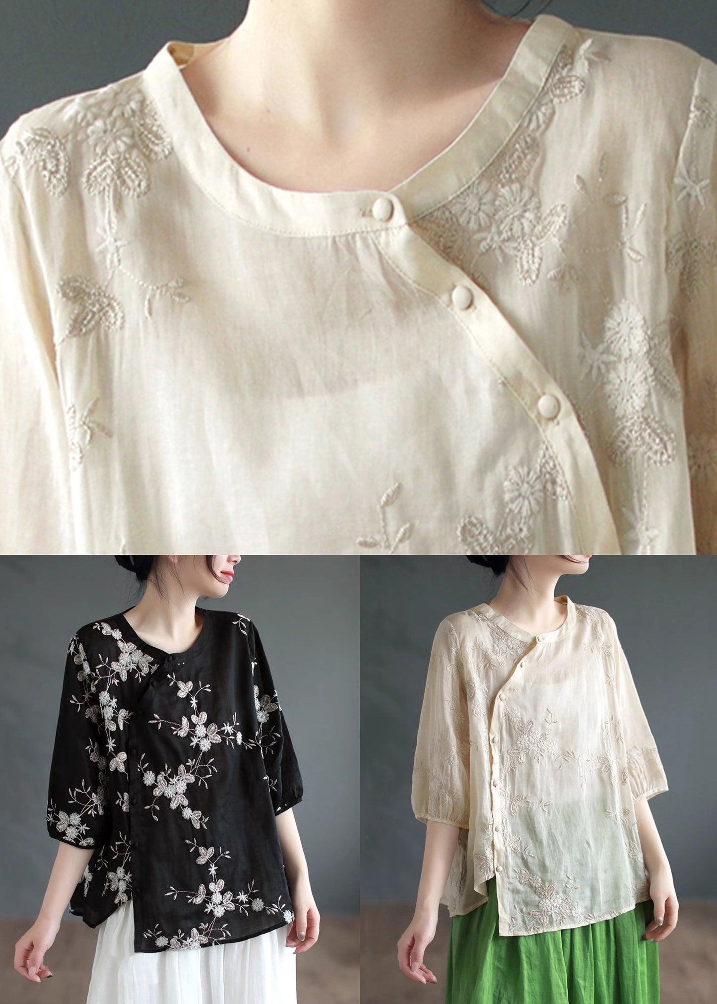 Apricot Embroideried Patchwork Linen Blouses O Neck Half Sleeve