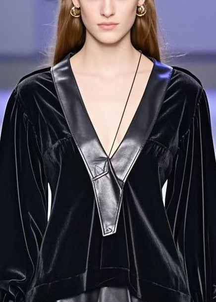 Black Asymmetrical Faux Leather Patchwork Silk Velour Shirt Top Fall