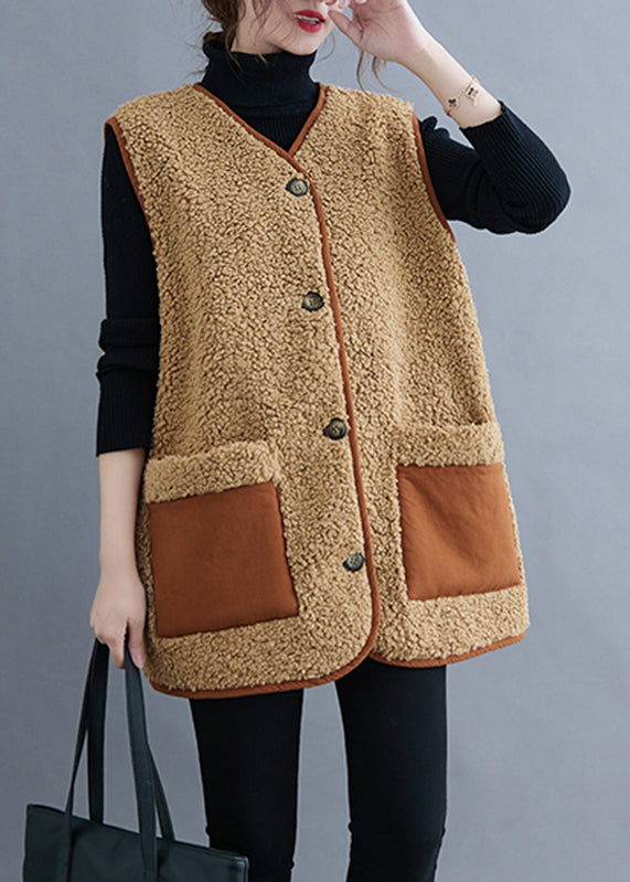 Style Khaki V Neck Button Teddy Faux Fur Waistcoat Fall