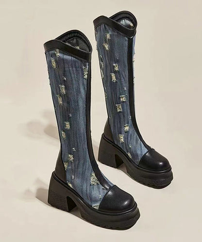 Black Cotton Zipper Splicing Hollow Out Chunky Cowboy Boots