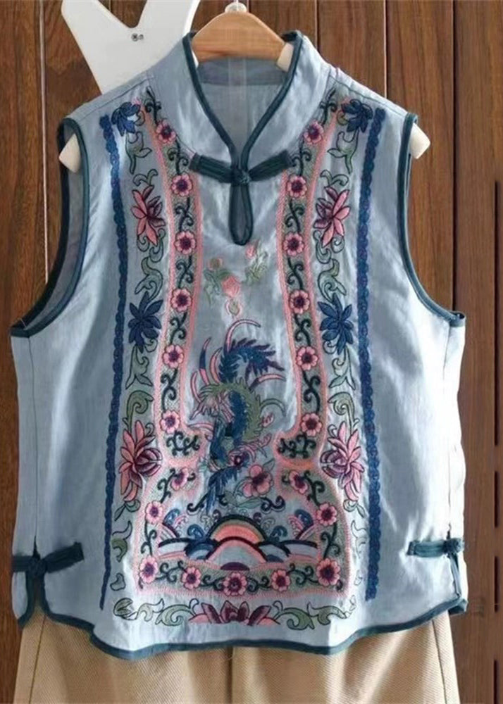 Art Light Blue Stand Collar Embroidered Waistcoat Summer