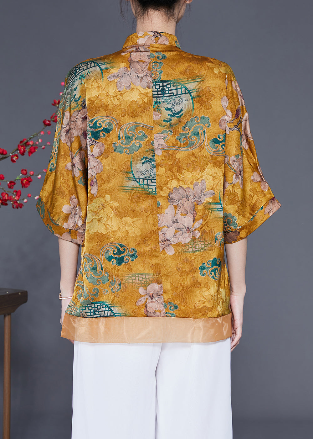 Yellow Stand Collar Patchwork Tassel Silk Blouses Half Sleeve