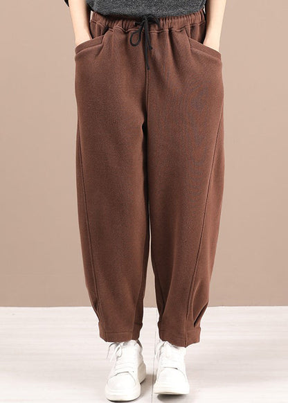 Coffee Pockets Elastic Waist Warm Fleece Pants Winter