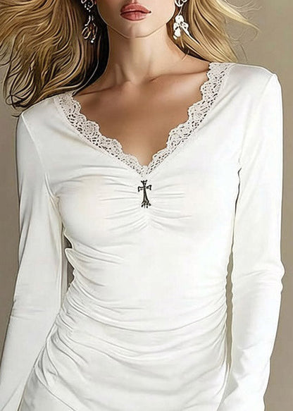 Simple White V Neck Patchwork Top Flare Sleeve