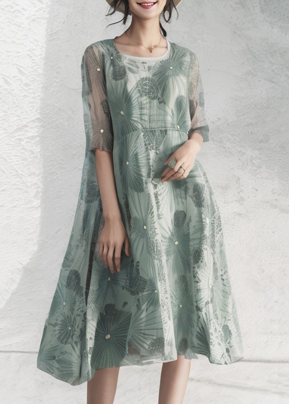 Fine Green U Neck Print Loose Silk Long Dresses Summer