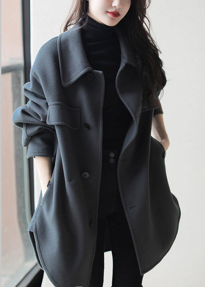 Haze Blue Peter Pan Collar Button Pockets Patchwork Side Open Woolen Coats Long Sleeve