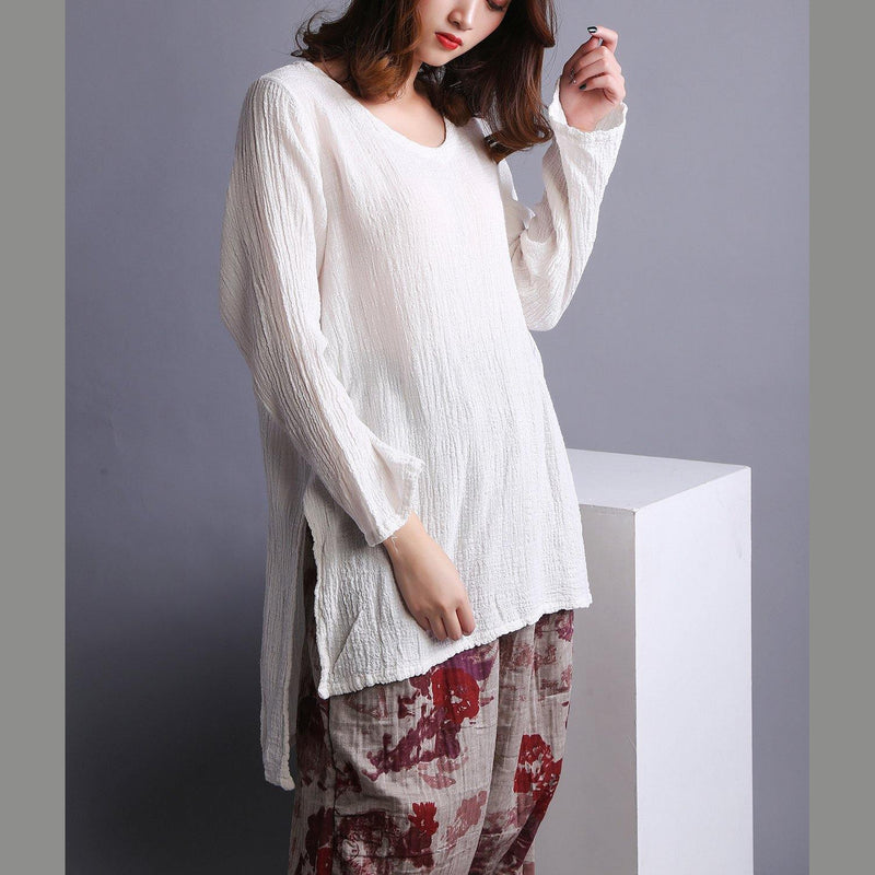 White U Neck Low High Design Linen Shirt Spring
