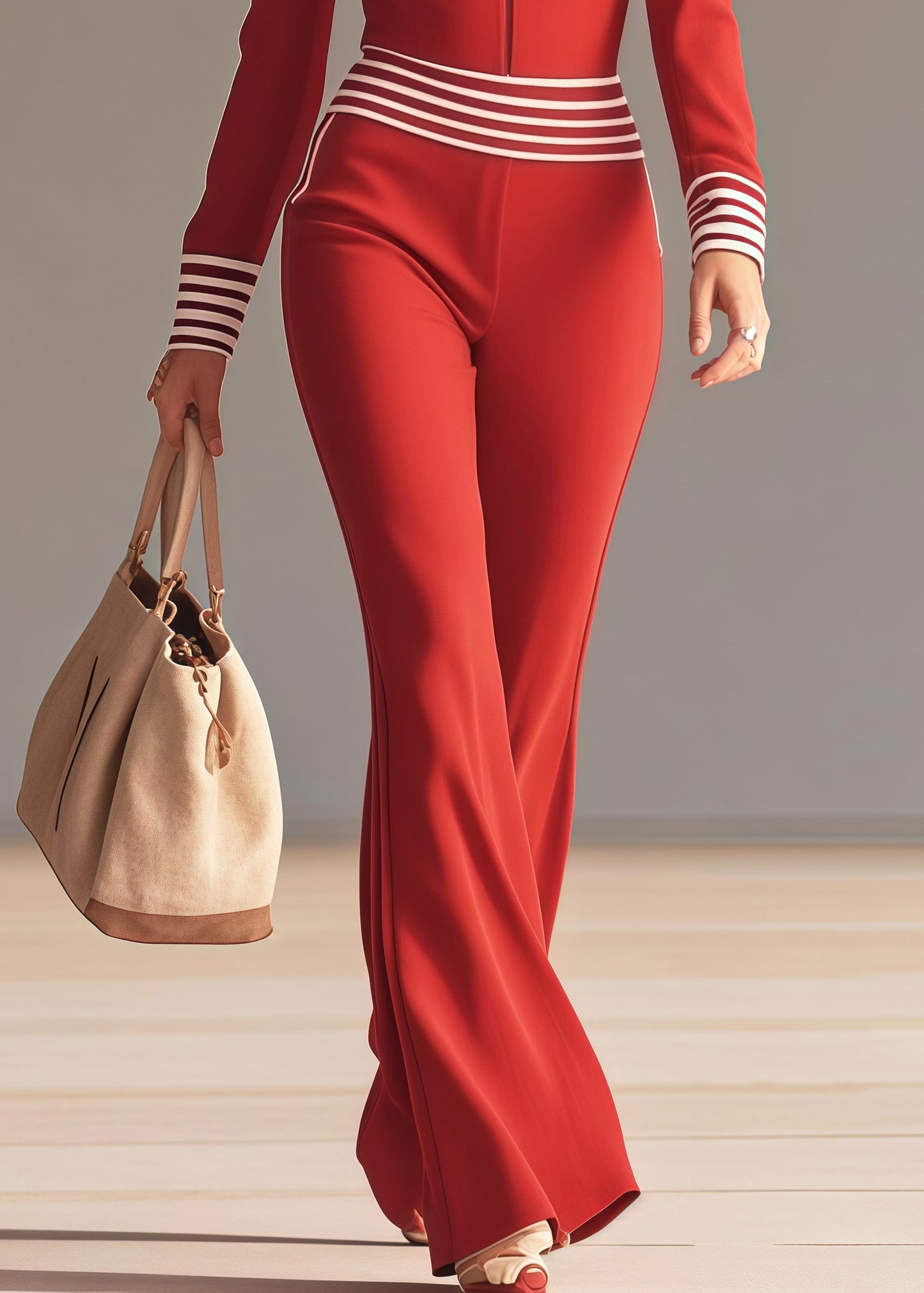Silm Fit Red V Neck Patchwork Striped Chiffon Jumpsuits Spring