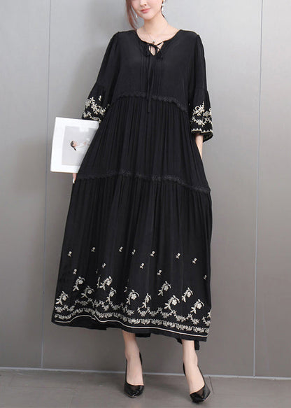 Black Lace Up Ruffled Cotton Long Dresses Embroidered Flare Sleeve Fall