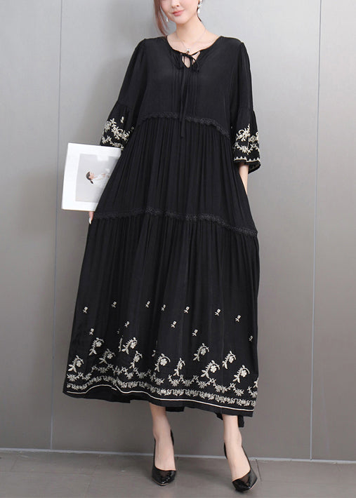 Black Lace Up Ruffled Cotton Long Dresses Embroidered Flare Sleeve Fall