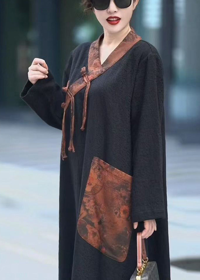 Black V Neck Chinese Button Pockets Cotton Dresses Fall