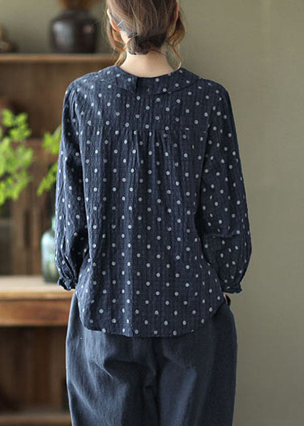 Navy Peter Pan Collar Dot Print Linen Blouses Lantern Sleeve