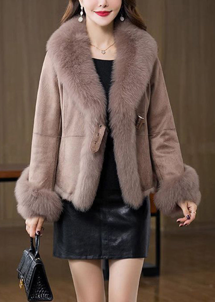 Unique Khaki Fox Collar Silm Fit Fuzzy Rabbit Leather and Fur Coats Winter