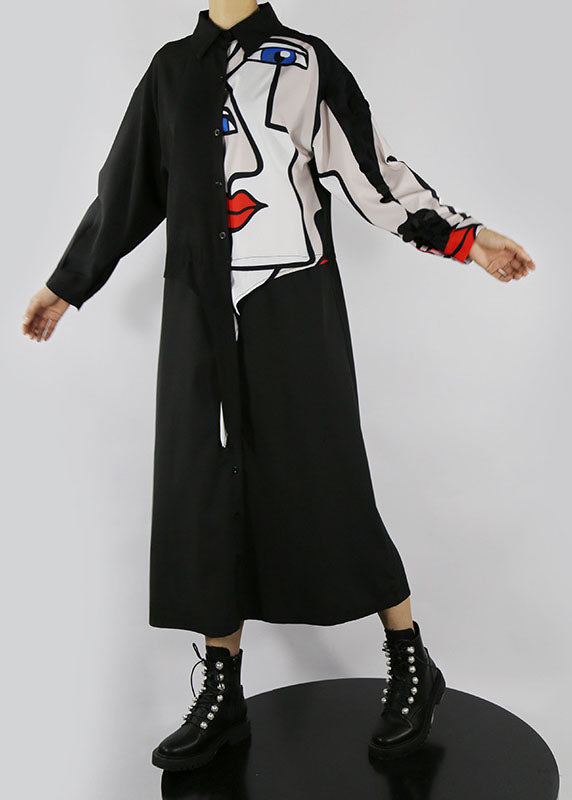 Black Peter Pan Collar Button Print Shirt Dress Spring