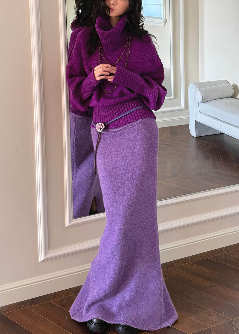 Yellow Turtleneck Patchwork Cotton Knit Sweater and Maxi Skirts Two Piece Set Fall