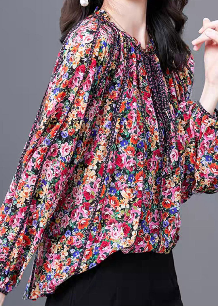 Red Print Stand Collar Ruffled Silk Top Long Sleeve