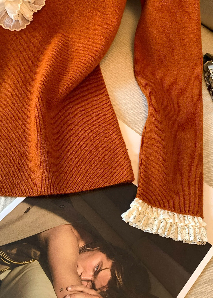 Pumpkin Color V Neck Ruffled Patchwork Knitting Cotton T Shirt Fall