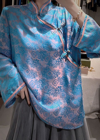 Art Blue Stand Collar Oversized Jacquard Silk Blouses Fall