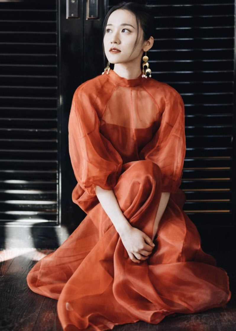 Orange Stand Collar Patchwork Tulle Maxi Dress Fall