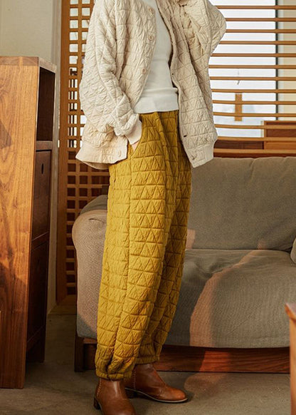 Simple Yellow Elastic Waist Cotton Filled Pants Winter