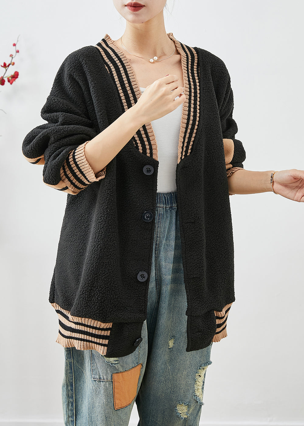 Black Oversized Patchwork Teddy Faux Fur Coats Fall