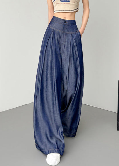 French Navy Pockets High Waist Denim Pants Summer