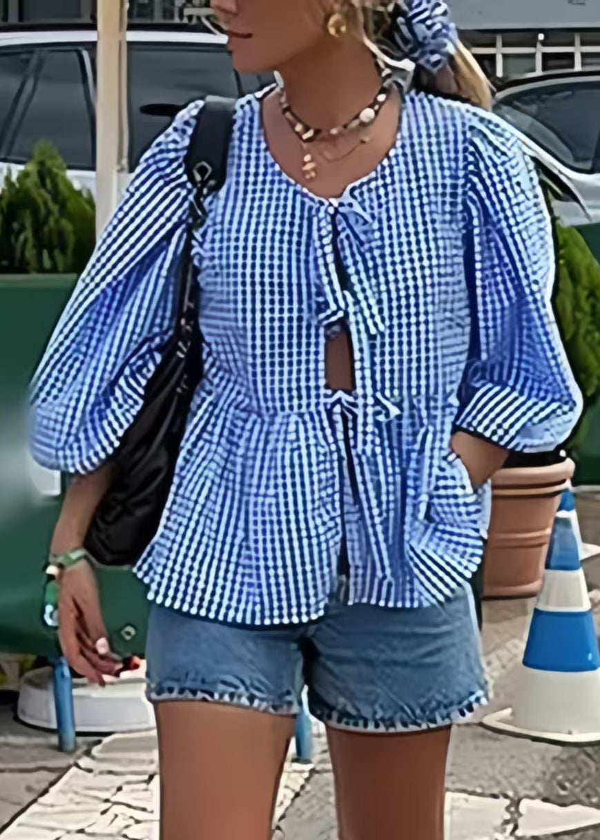 Blue Puff Sleeve Plaid Lace Up Cotton Shirts Summer