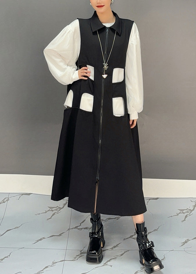 Black Zippered Patchwork Hollow Out Long Waistcoat Dress Spring