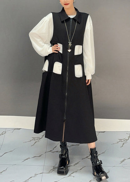 Black Zippered Patchwork Hollow Out Long Waistcoat Dress Spring