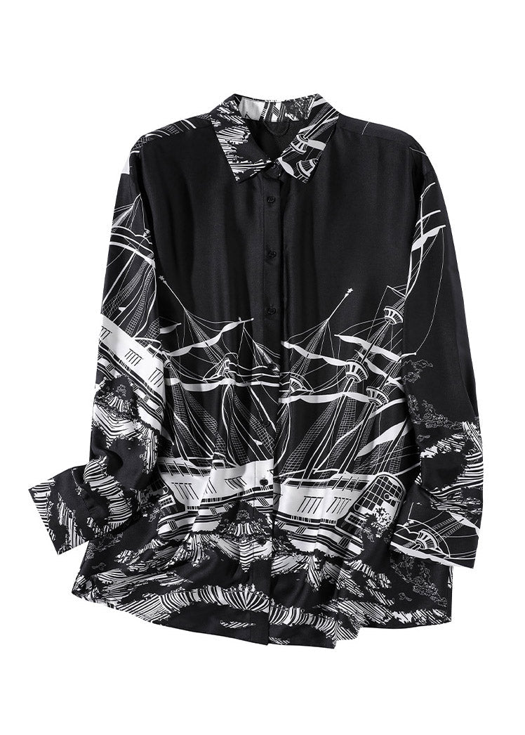 Black Peter Pan Collar Print Button Silk Shirt Long Sleeve