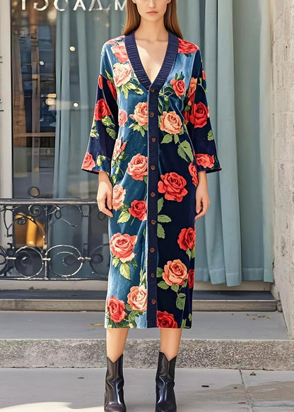Italian Navy V Neck Silk Velour Long Dress Spring
