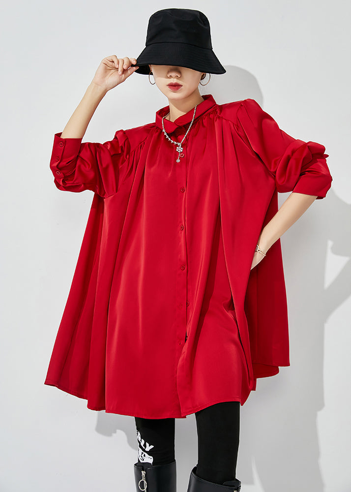Red Stand Collar Oversized Wrinkled Silk Shirt Top Spring