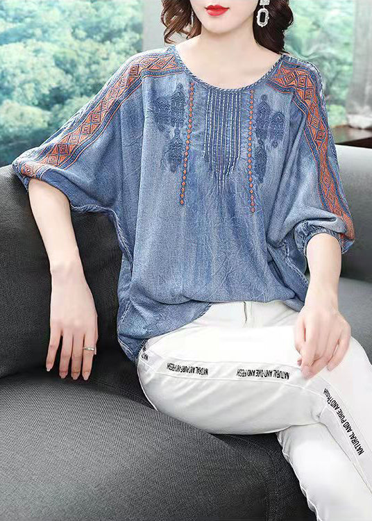 French Blue O-neck Embroideried Cotton Shirt Top Lantern Sleeve