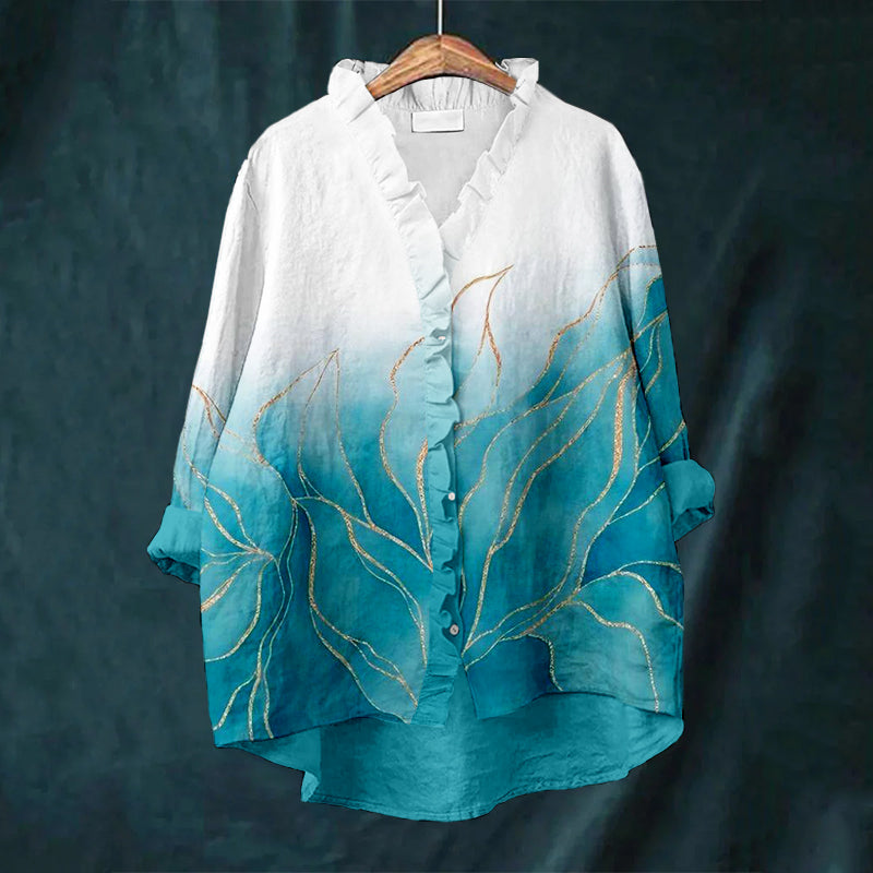 Elegant Abstract Flower Art Linen Ruffle Shirt artswardrobe