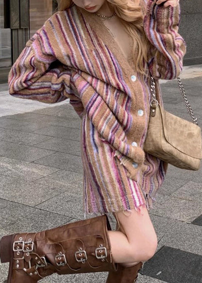 Loose Striped Button Cardigan and Shorts Cotton Knit Two Pieces Set Fall
