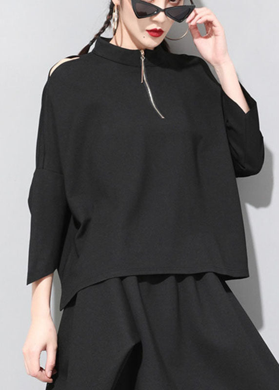 Loose Black Stand Collar Patchwork Zippered Fall Three Quarter Sleeve Top