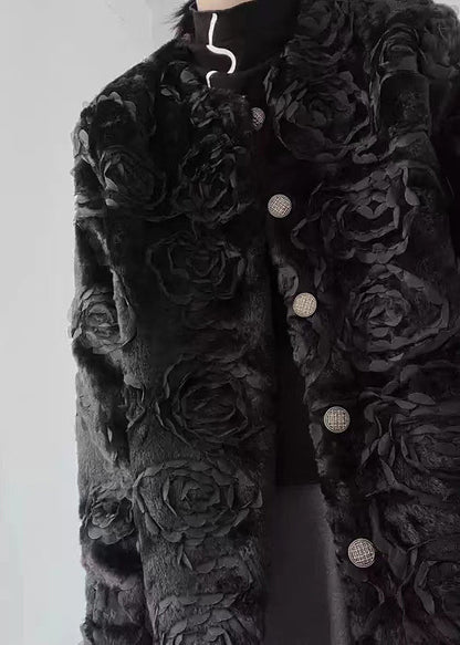 Black O-neck Button Fuzzy Fur Fluffy Coats Spring