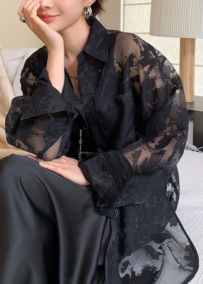 Black Peter Pan Collar Print Patchwork Chiffon Shirt Fall