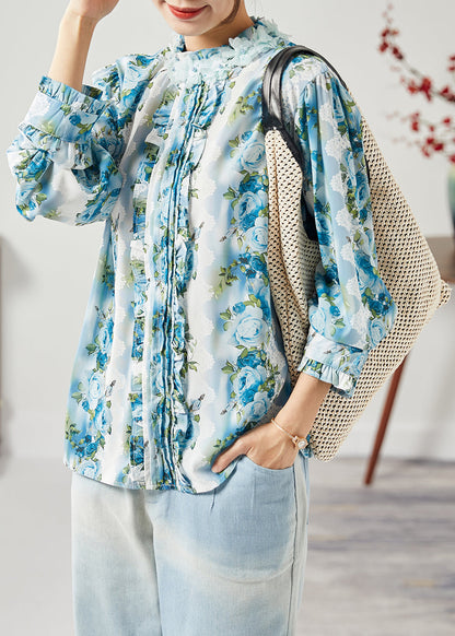 Blue Print Silk Shirt Top Stand Collar Ruffles Spring